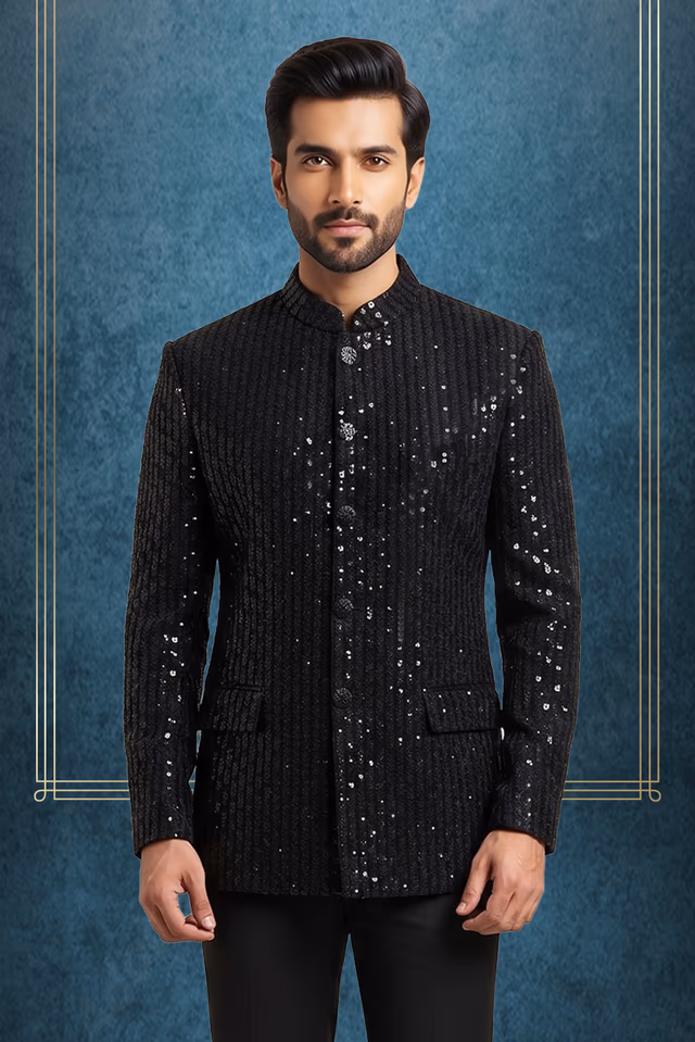 Black Textured Velvet Bandhgala Jodhpuri Jacket with Gold Brooch and Pocket Square. — back view, rent in Calicut