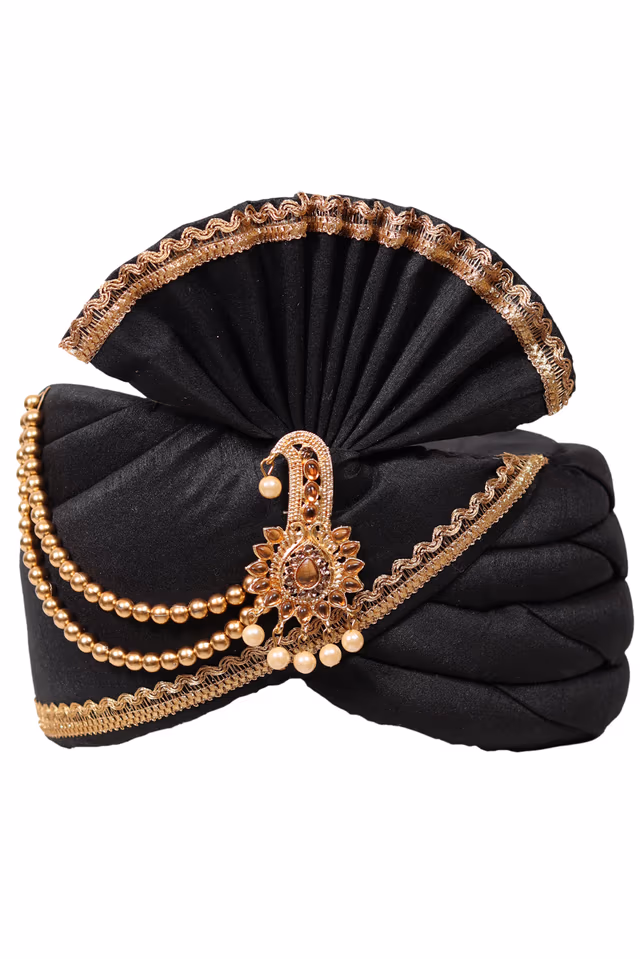 Black Classic Turban With Golden Border Embellishment — rent in Coimbatore