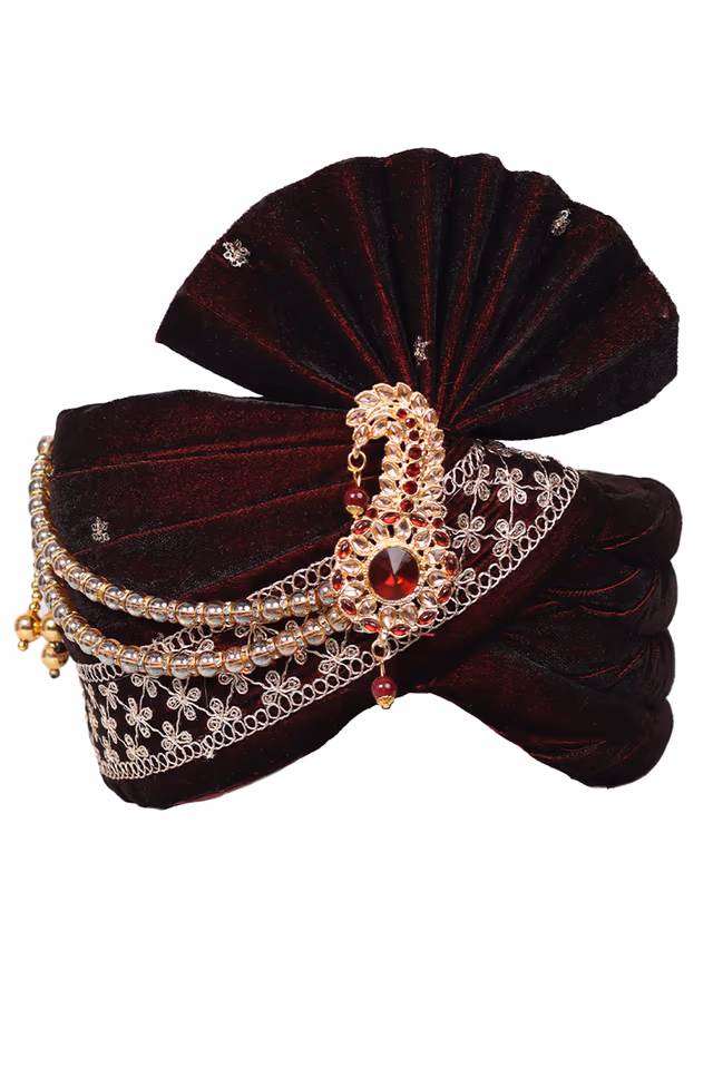 Golden Textured Maroon Turban With Golden Bead Chain And Golden Front Locket — rent in Coimbatore