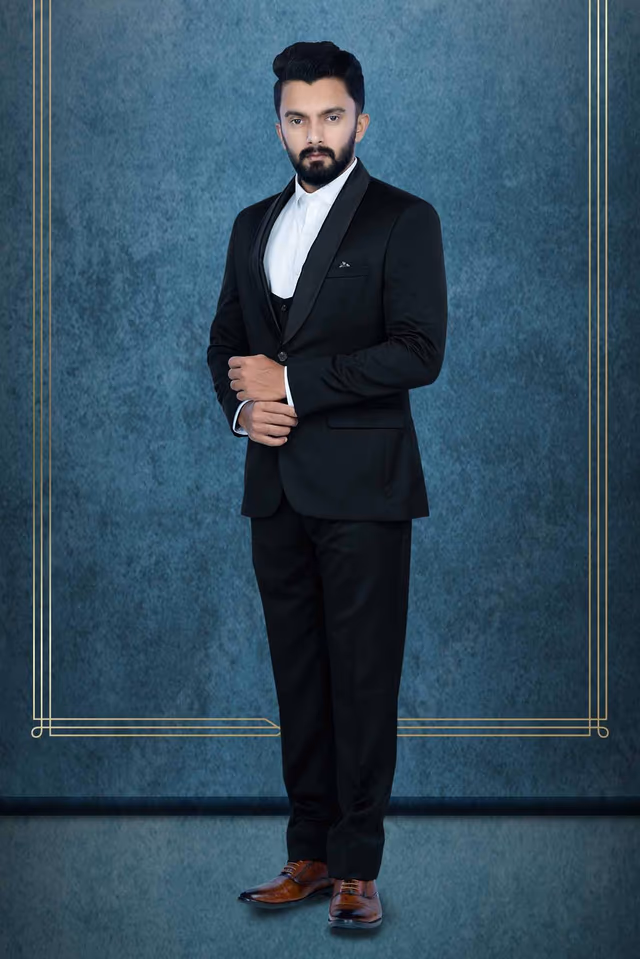 3 Pcs Polyester Viscose In Jet Black 3Pc Tuxedo Suit — back view, rent in Calicut