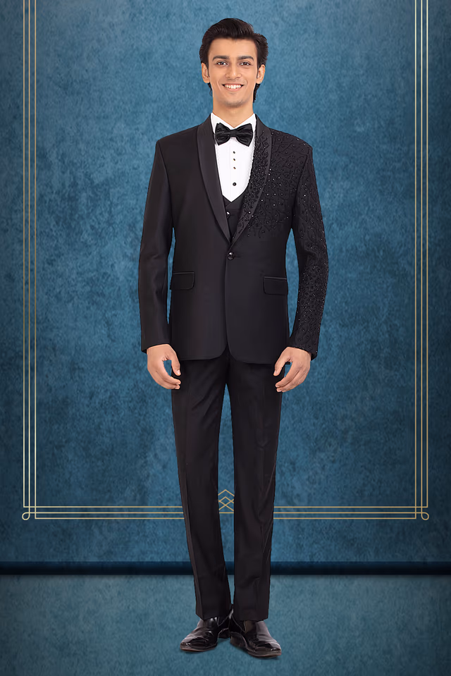 Black Asymmetric Embellished Lapel Tuxedo — rent in Kochi