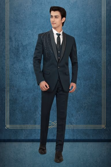 Blackish Green Tuxedo Suit with Sequin Embellished Shoulder and Satin Lapels — rent in Coimbatore