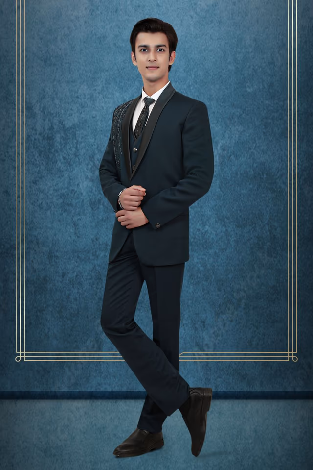 Blackish Green Tuxedo Suit with Sequin Embellished Shoulder and Satin Lapels — back view, rent in Coimbatore