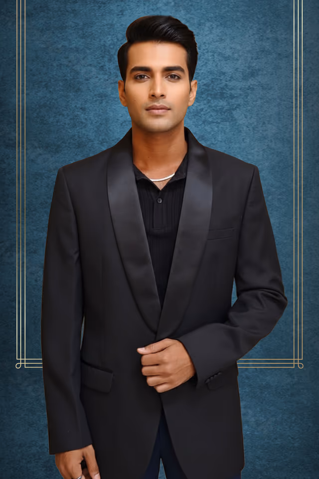 Classic Black Blazer with Shining Satin Lapel for Versatile Styling — back view, rent in Bangalore