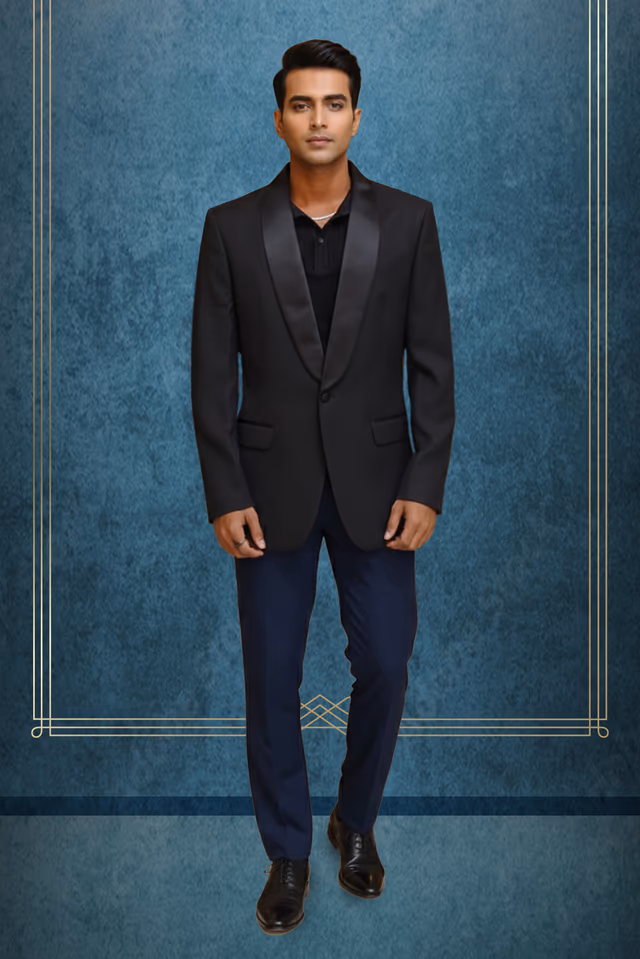 Classic Black Blazer with Shining Satin Lapel for Versatile Styling — rent in Bangalore