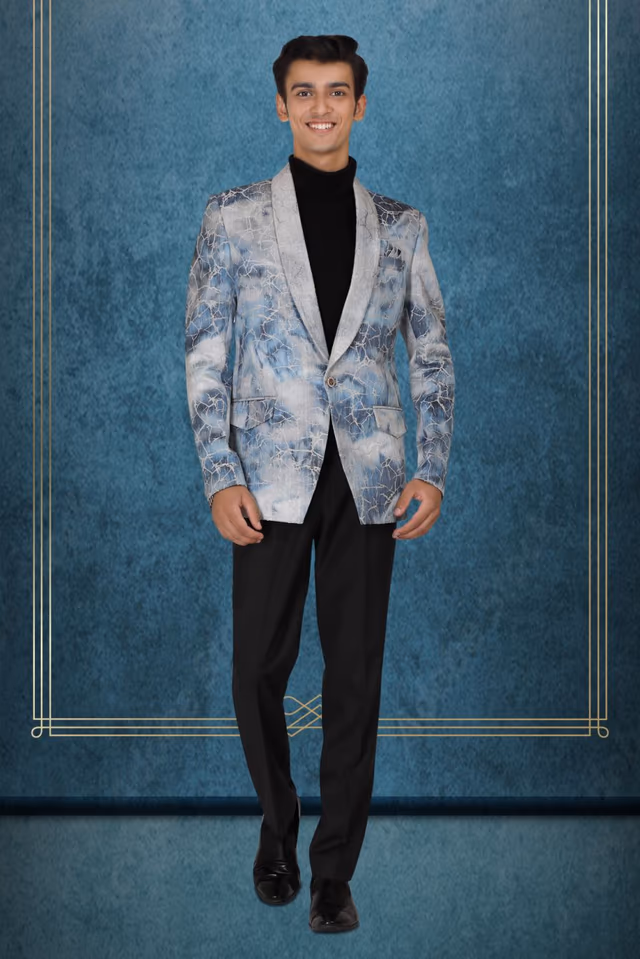 Blue And White Silky Jacquard Awesome Blazer — rent in Bangalore