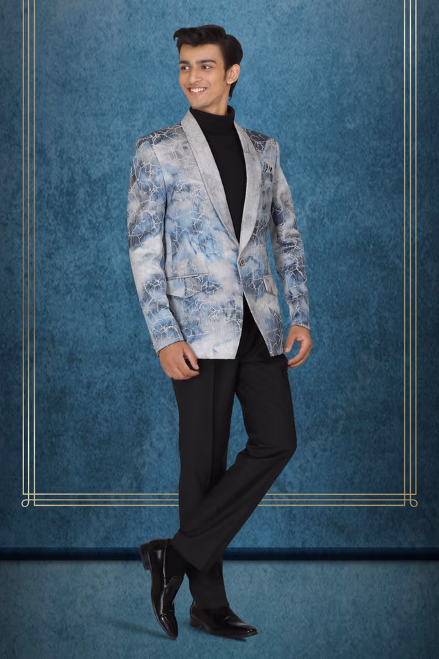 Blue And White Silky Jacquard Awesome Blazer — back view, rent in Bangalore