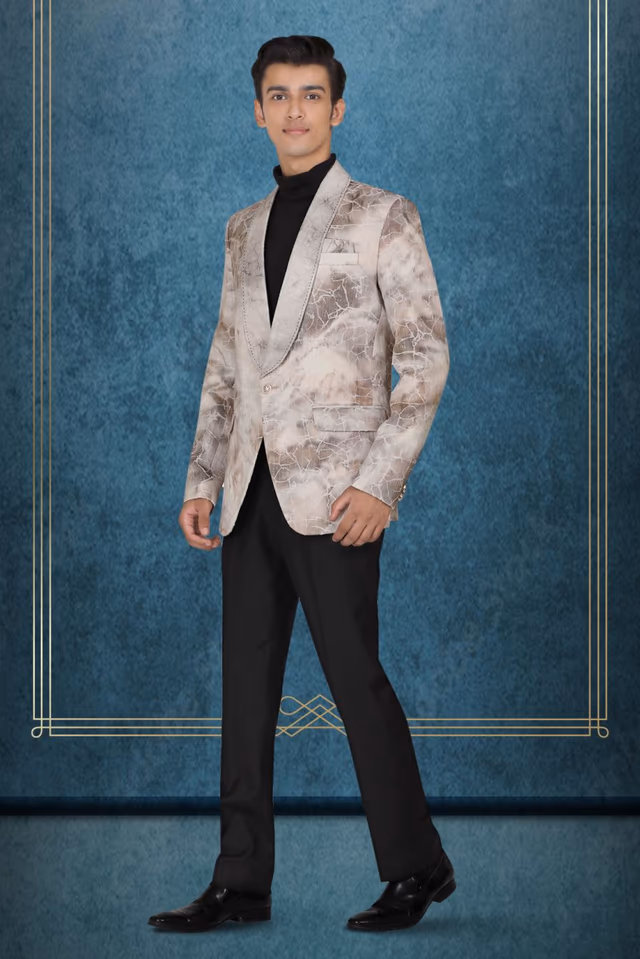 Brown And Off- White Silky Jacquard Superb Blazer — back view, rent in Bangalore