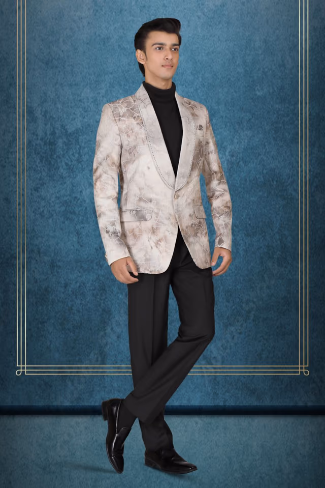 Brown And Off- White Silky Jacquard Superb Blazer — rent in Bangalore