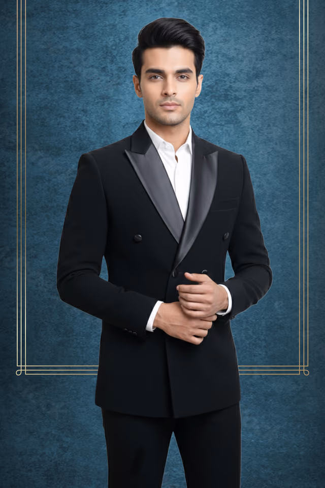 Black Double Breasted Classic Grooms Tuxedo — back view, rent in Calicut