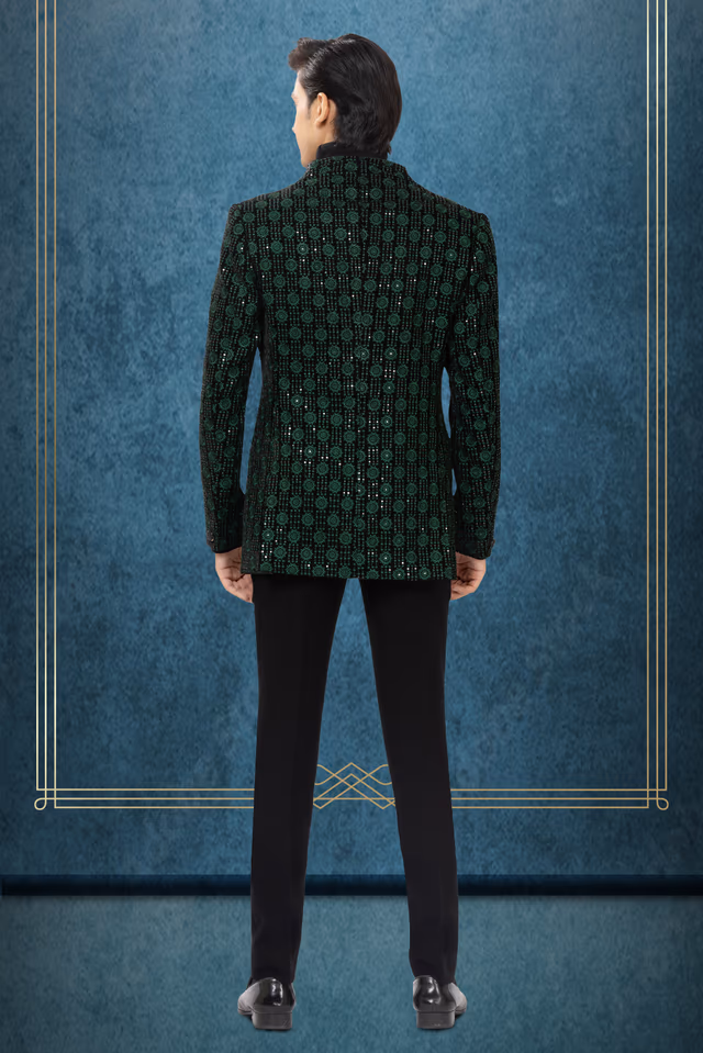 Emerald Green & Black Embellished Tuxedo Blazer Set — back view, rent in Kochi