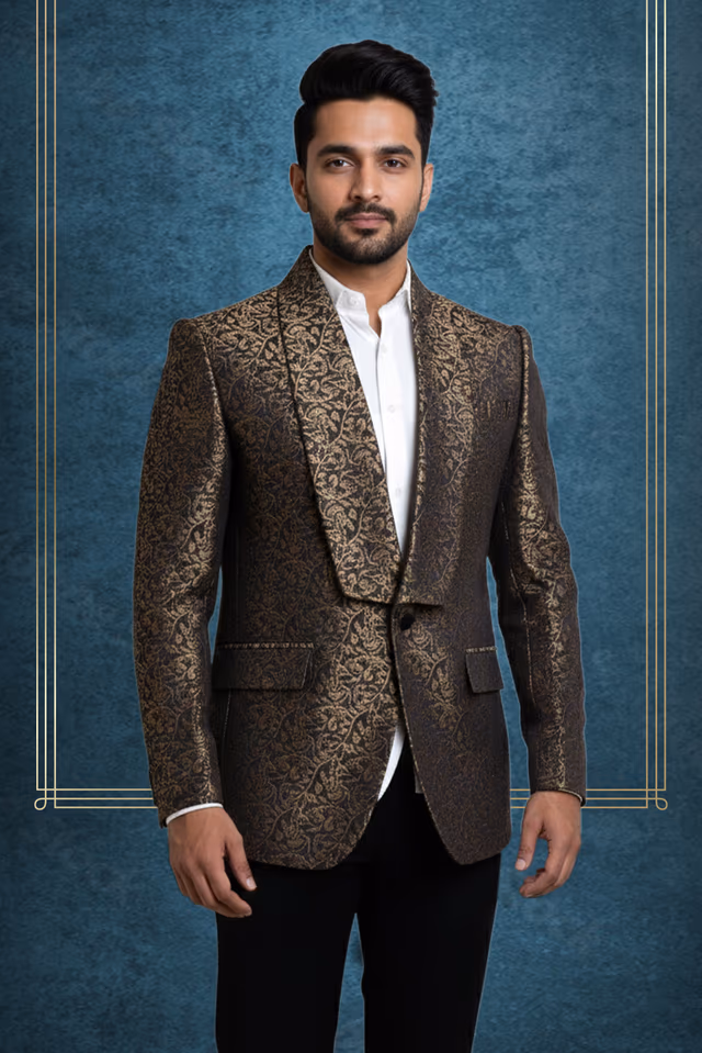 Golden And Black Self Textured Grooms Tuxedo With Beautiful Threadwork Details — back view, rent in Calicut
