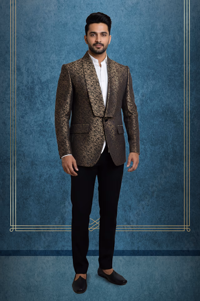 Golden And Black Self Textured Grooms Tuxedo With Beautiful Threadwork Details — rent in Calicut