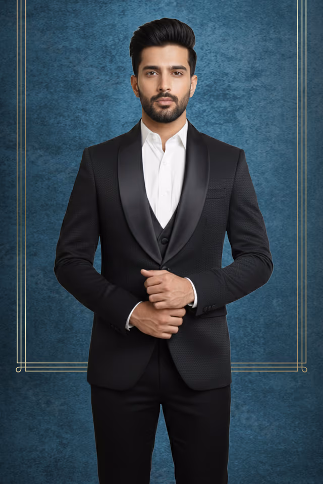 Black Classic Grooms Tuxedo — back view, rent in Calicut
