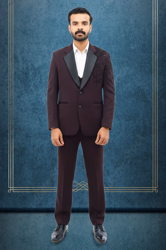 Black Handworked Party Tuxedo With Black Handworked Details On Left Side — rent in Calicut