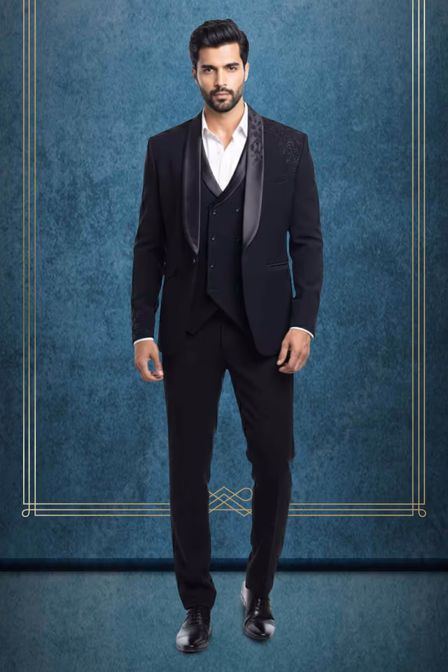 Black Handworked Party Tuxedo With Black Handworked Details On Left Side — rent in Calicut