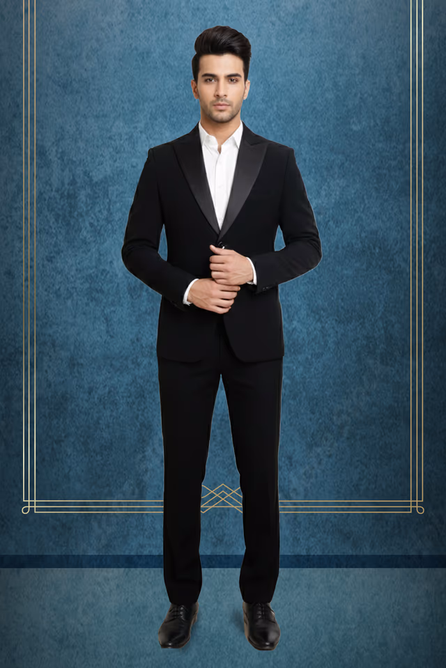 Classic Black Tuxedo Jacket Featuring Satin Peak Lapels And Matching Bow Tie Essential For Any Black Tie… — rent in Calicut