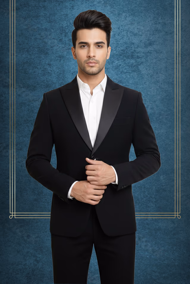 Classic Black Tuxedo Jacket Featuring Satin Peak Lapels And Matching Bow Tie Essential For Any… — back view, rent in Calicut