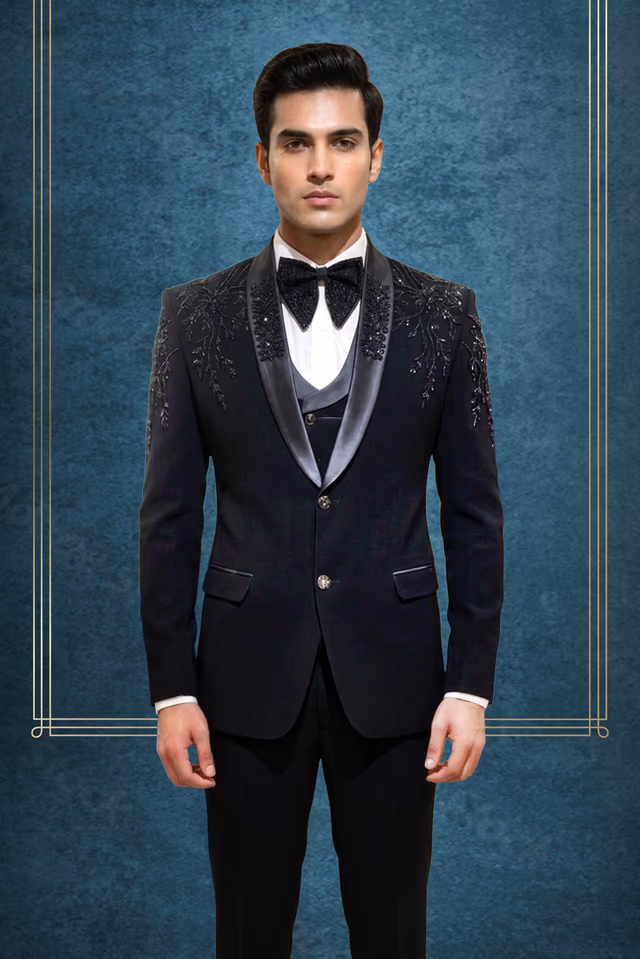 Men’s Black Imperial Luxe Wedding Tuxedo  with Sequined Shoulder Embellishment — back view, rent in Kochi