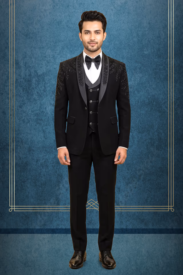 Men’s Black Tuxedo Suit with Sequined Shoulder Embellishment — rent in Kochi