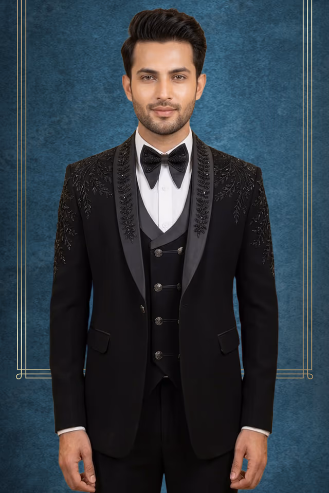 Men’s Black Tuxedo Suit with Sequined Shoulder Embellishment — back view, rent in Kochi