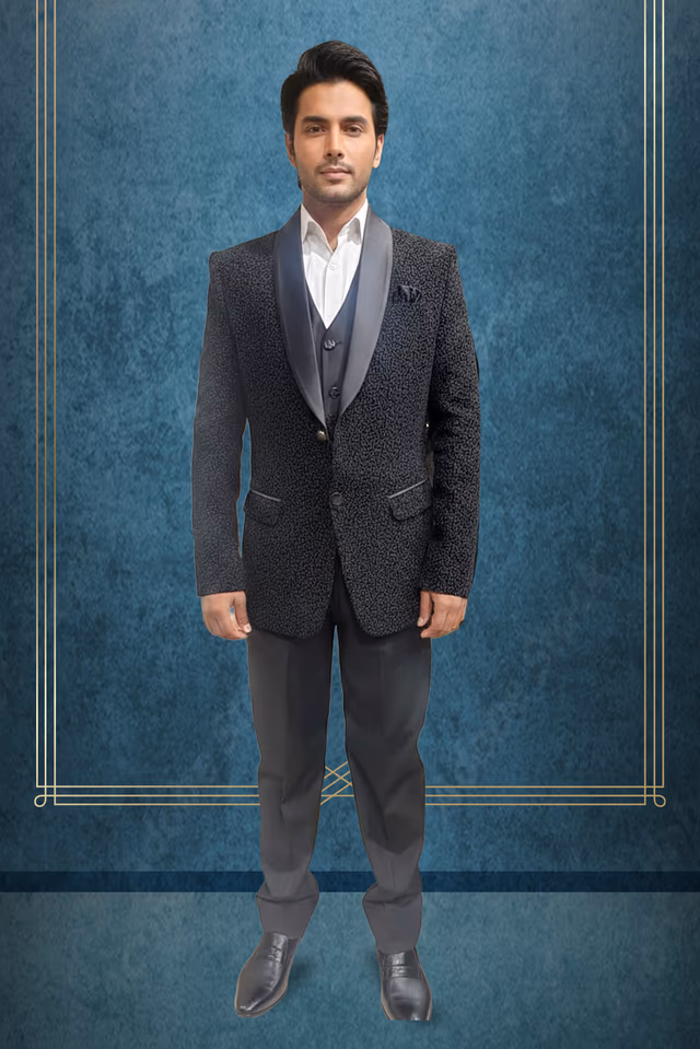 Midnight Elegance Black Patterned 3-Piece Suit — rent in Coimbatore