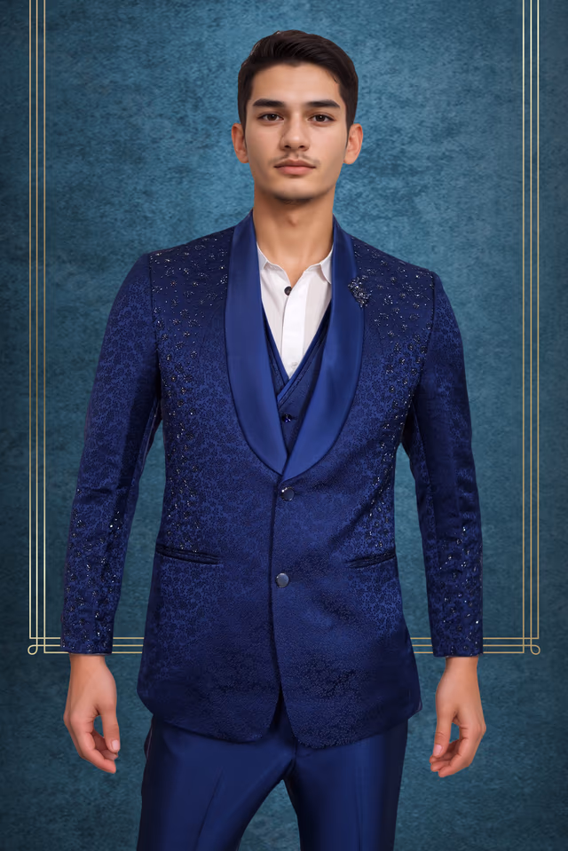 Midnight Navy Blue Tuxedo Suit — back view, rent in Bangalore