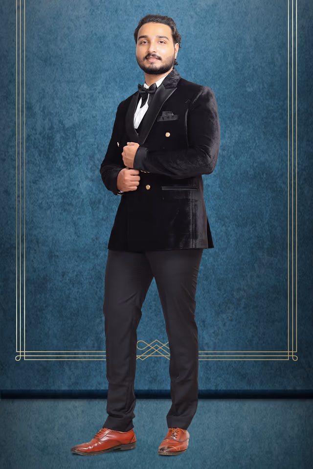 Midnight Noir Velvet Double-Breasted Tuxedo — back view, rent in Kochi