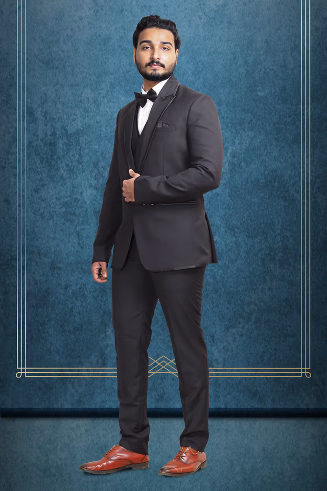 Midnight Velvet – Timeless Elegance in Black Luxury 3 Piece Tuxido Suit — rent in Kochi