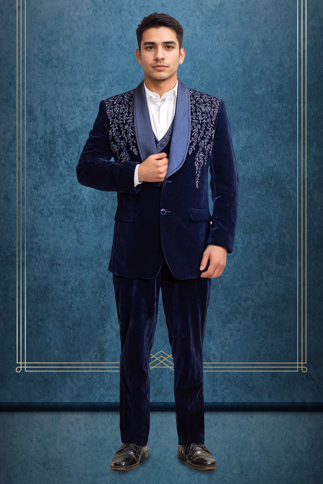 Navy Blue Tuxedo, Crafted With Luxurious Velvet, The Pack Includes A Blazer, Waistcoat, Shirt, Trouser… — rent in Bangalore