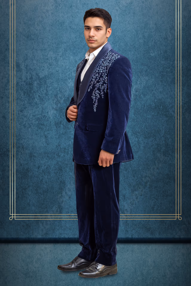 Navy Blue Tuxedo, Crafted With Luxurious Velvet, The Pack Includes A Blazer, Waistcoat,… — back view, rent in Bangalore