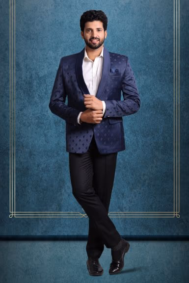 Navy Blue Silky Jacquard Ritzy Blazer — rent in Bangalore