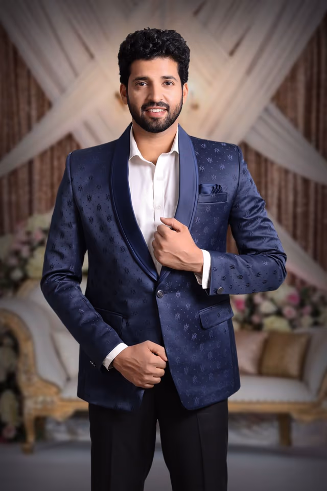 Navy Blue Silky Jacquard Ritzy Blazer — back view, rent in Bangalore