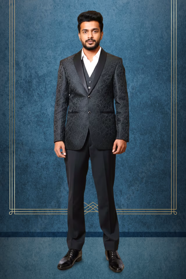 Black Paisley Textured Tuxedo / Suit Jacket — rent in Kochi