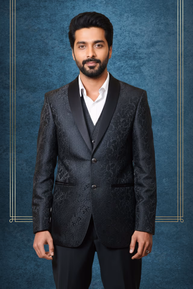 Black Paisley Textured Tuxedo / Suit Jacket — back view, rent in Kochi