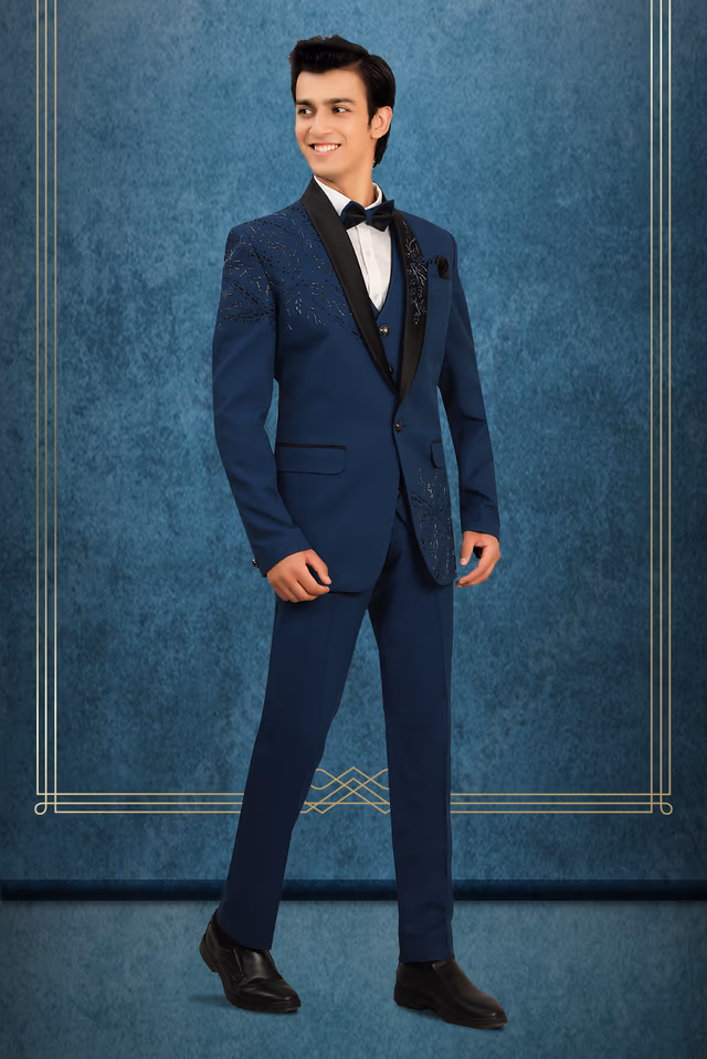 Royal Blue Embroidered Tuxedo Suit — back view, rent in Kochi