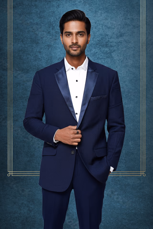 Modern Satin Peak Lapel Suit for Confident, Elegant, Professional Formal Meetings — back view, rent in Bangalore