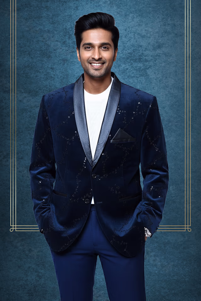 Sequenced velevet blazer for mens — back view, rent in Bangalore
