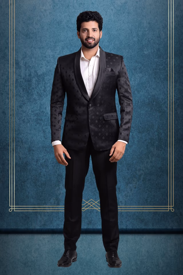 Black Silky Jacquard Fine Blazer — rent in Bangalore