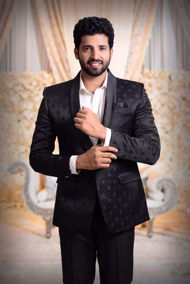 Black Silky Jacquard Fine Blazer — back view, rent in Bangalore