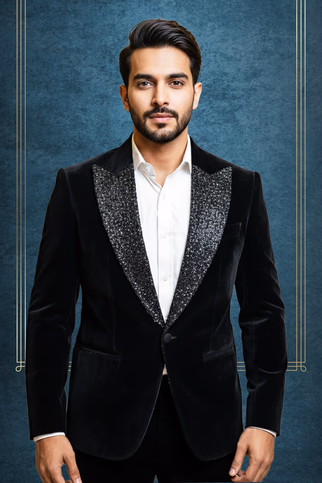 Sophisticated Black Velvet Evening Blazer Highlighted By Shimmering Silver Glitter Peak Lapels… — back view, rent in Calicut