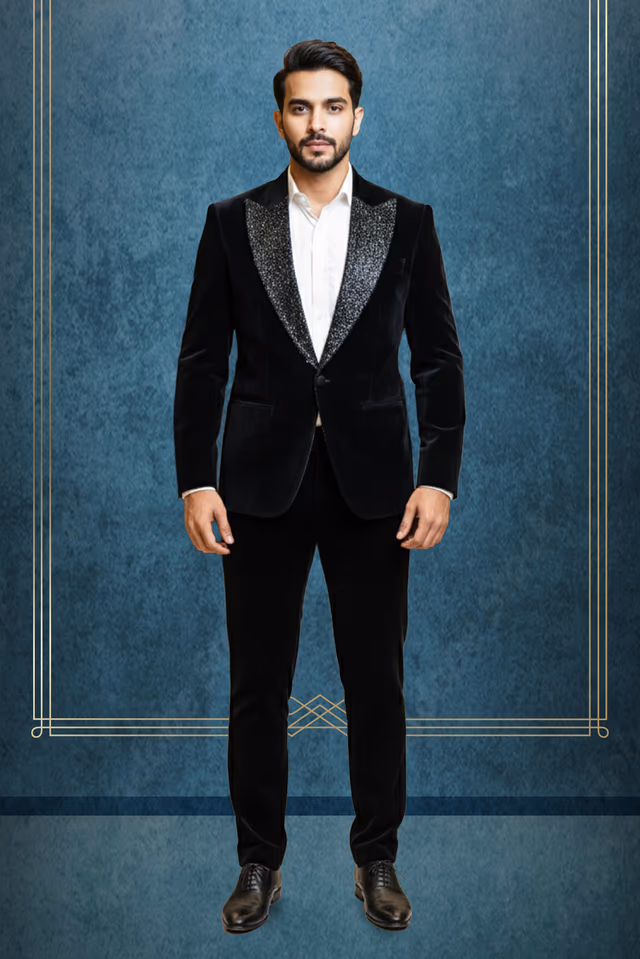Sophisticated Black Velvet Evening Blazer Highlighted By Shimmering Silver Glitter Peak Lapels For A… — rent in Calicut