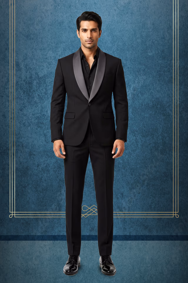 Elegant Classic Suit with Satin Black Lapel Finish — rent in Bangalore
