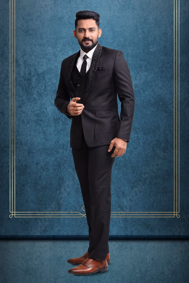 Black Sumptuous Event & Party Suit — back view, rent in Bangalore