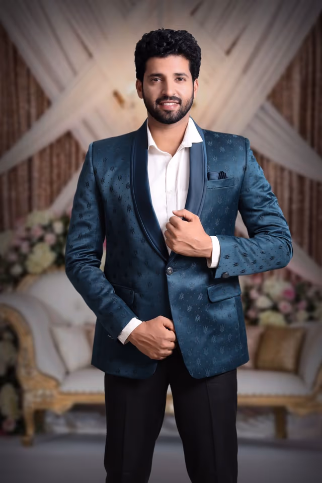 Teal Silky Jacquard Spectacular Blazer — back view, rent in Bangalore