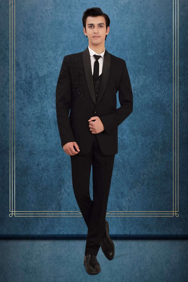 Elegant Black Three-Piece Suit with Embroidered Detailing — rent in Kochi