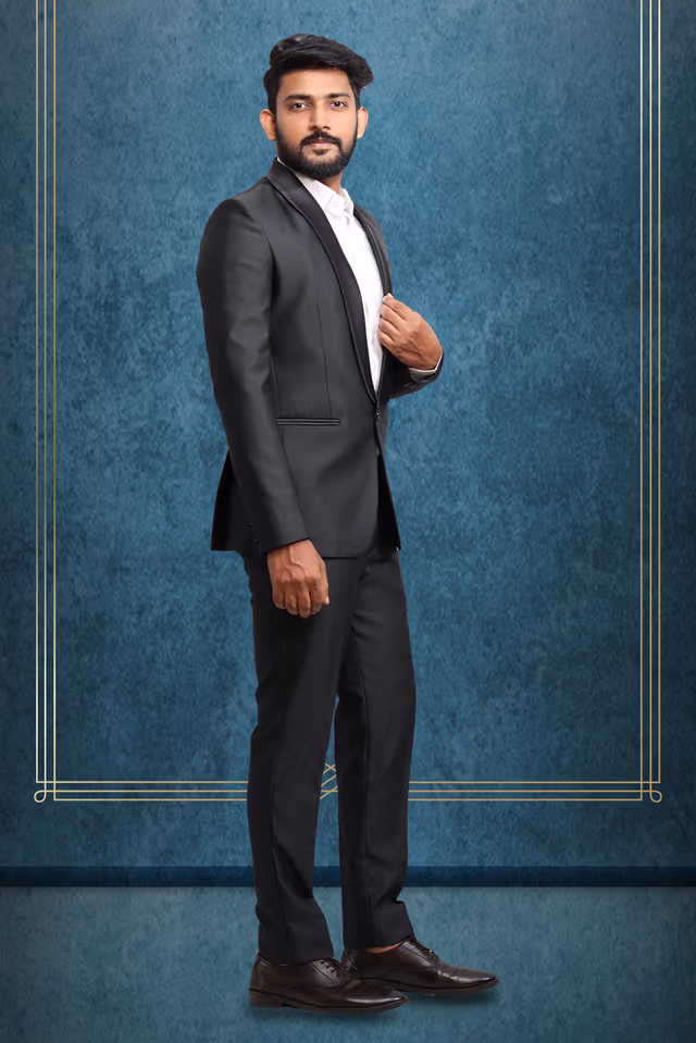 Black Tuxido 2pcs Suit — back view, rent in Calicut