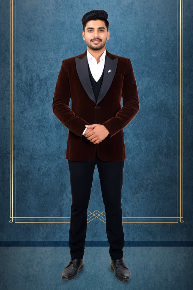 Velvet Blazer With Silk Black Lapel And Metallic Broch Is A Stylish Men's Evening Wear Suit Jacket. — rent in Calicut