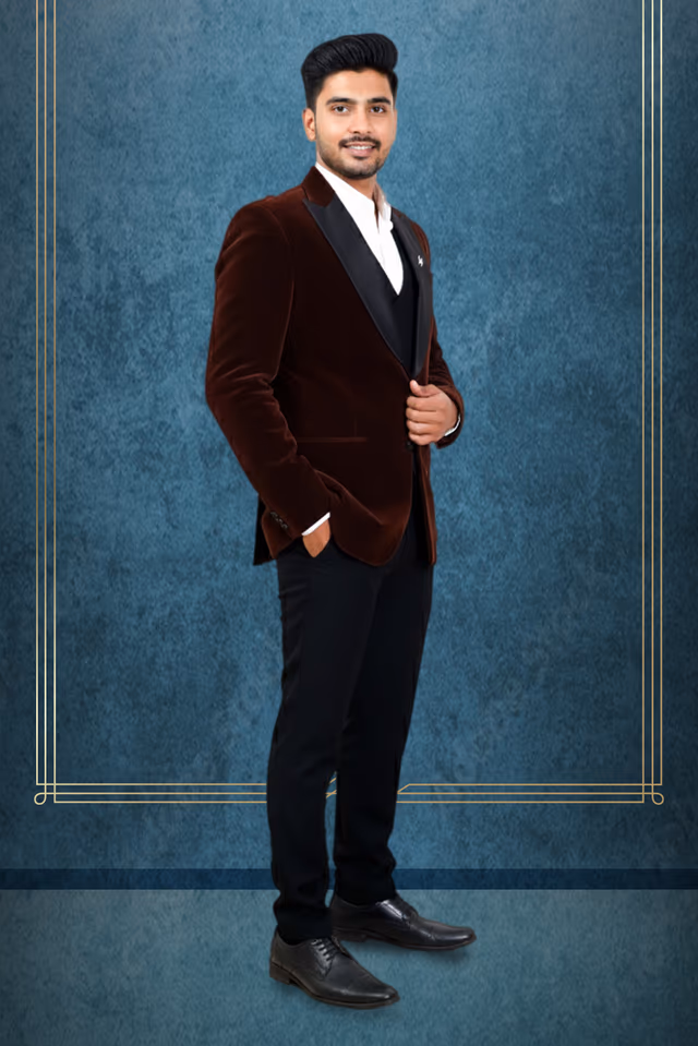 Velvet Blazer With Silk Black Lapel And Metallic Broch Is A Stylish Men's Evening Wear Suit… — back view, rent in Calicut