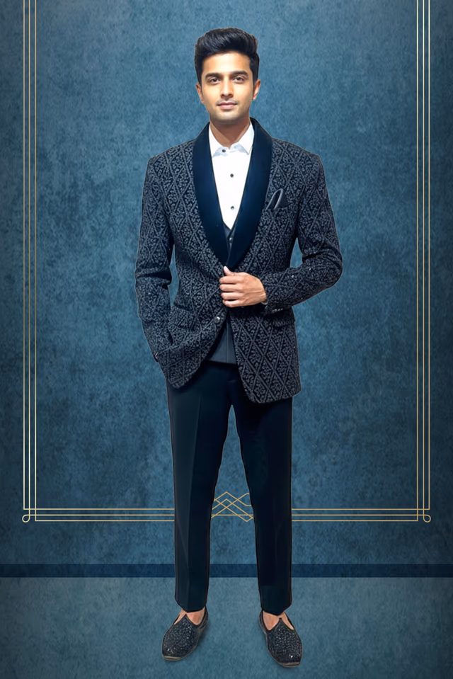 Black Velvet Groom Outfit with Silver Work and Royal Satin Finish — rent in Bangalore